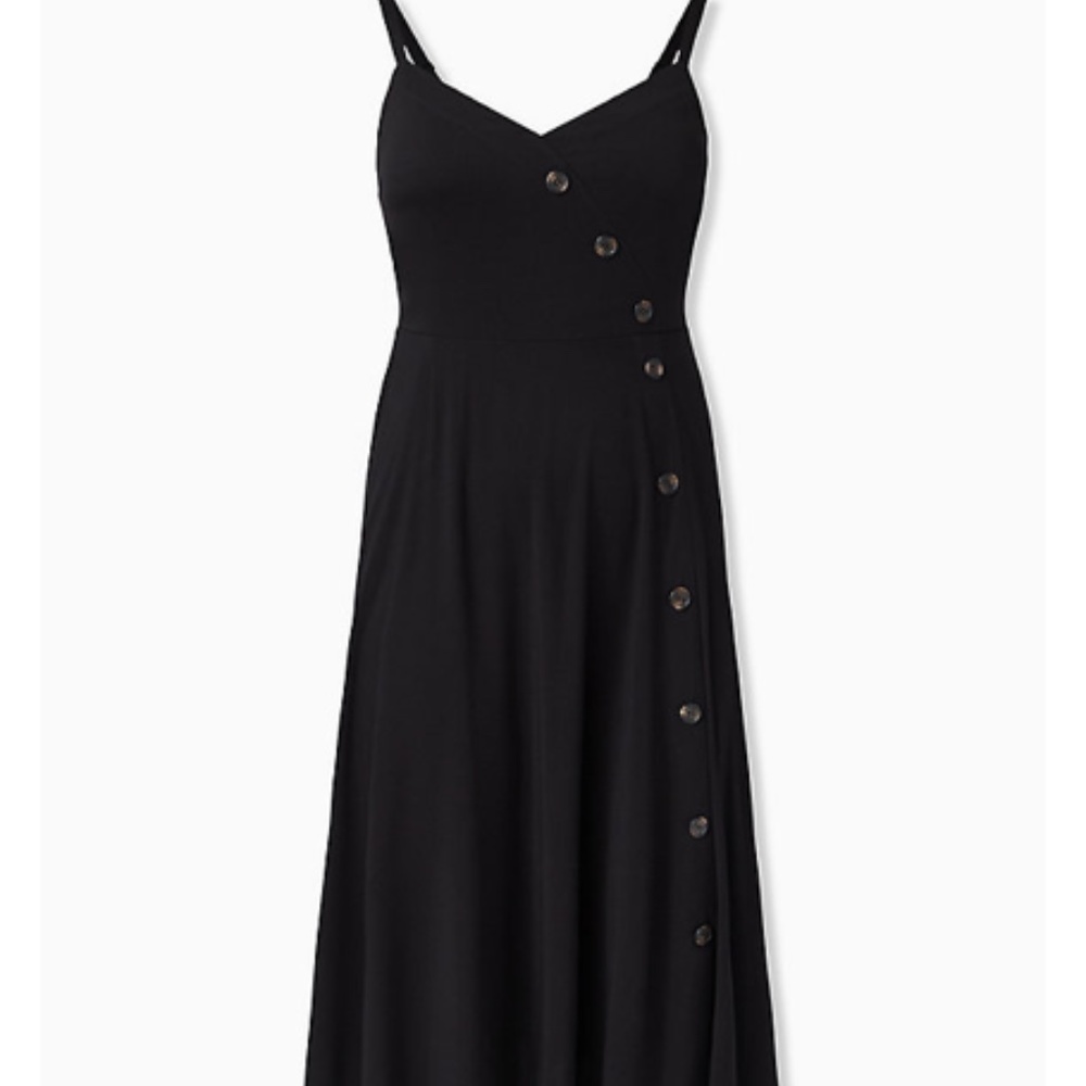 BLACK CHALLIS ASYMMETRICAL BUTTON FRONT MIDI DRESS